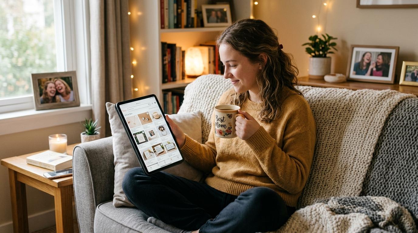Una persona joven mirando opciones de regalos en una tablet mientras sostiene una taza de café, en un ambiente hogareño y acogedor
