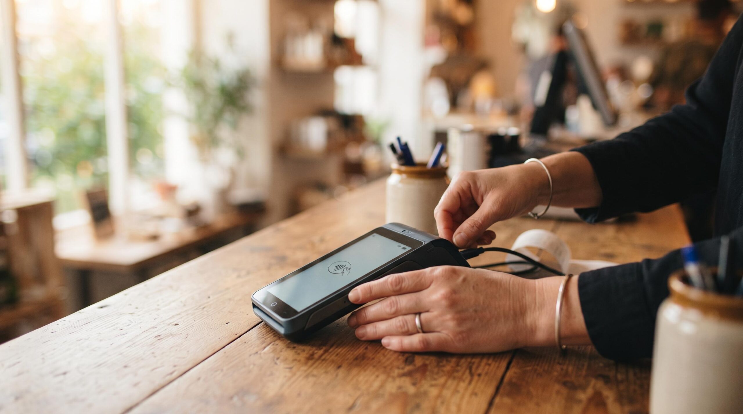 Manos de un comerciante configurando una terminal punto de venta compatible con tecnología de pago sin contacto NFC, sobre un mostrador de madera