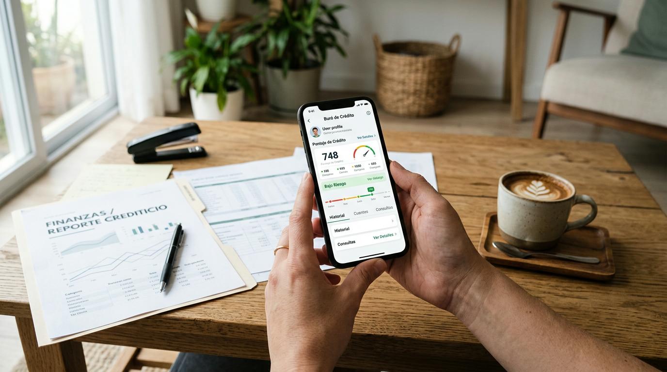 Primer plano de manos sosteniendo un smartphone que muestra una pantalla de consulta de buró de crédito, sobre una mesa de café con documentos 
