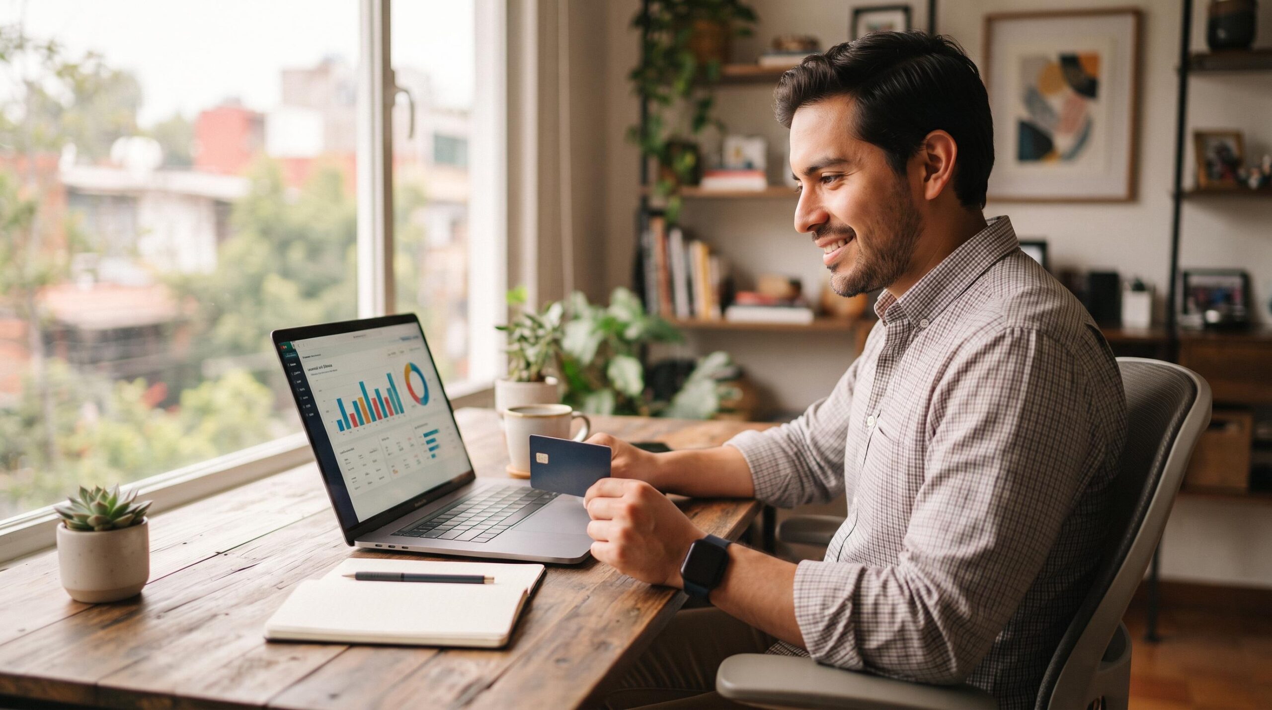 Profesional mexicano analizando sus finanzas personales en una laptop mientras sostiene una tarjeta de crédito, con tonos cálidos y entorno de trabajo
