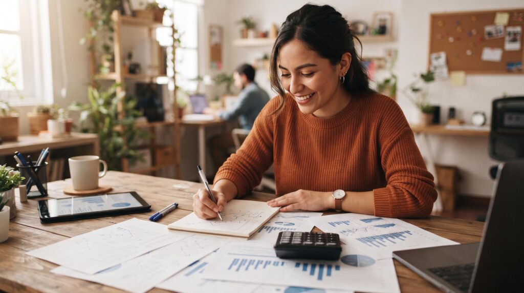 Persona emprendedora mexicana organizando un plan de finanzas sobre una mesa con notas, calculadora y gráficas impresas, con tonos cálidos y ambiente