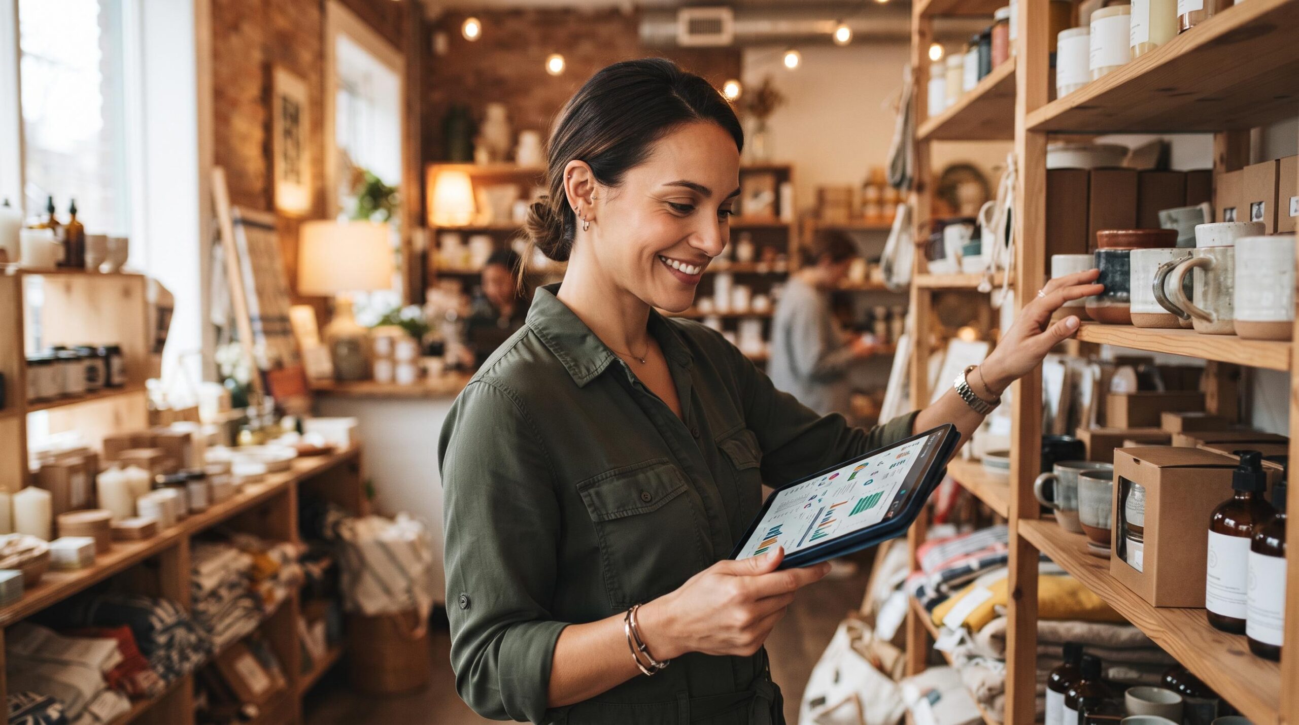 Persona emprendedora analizando datos de inventario en una tablet mientras revisa productos en estantes de una pequeña tienda, iluminación cálida 

