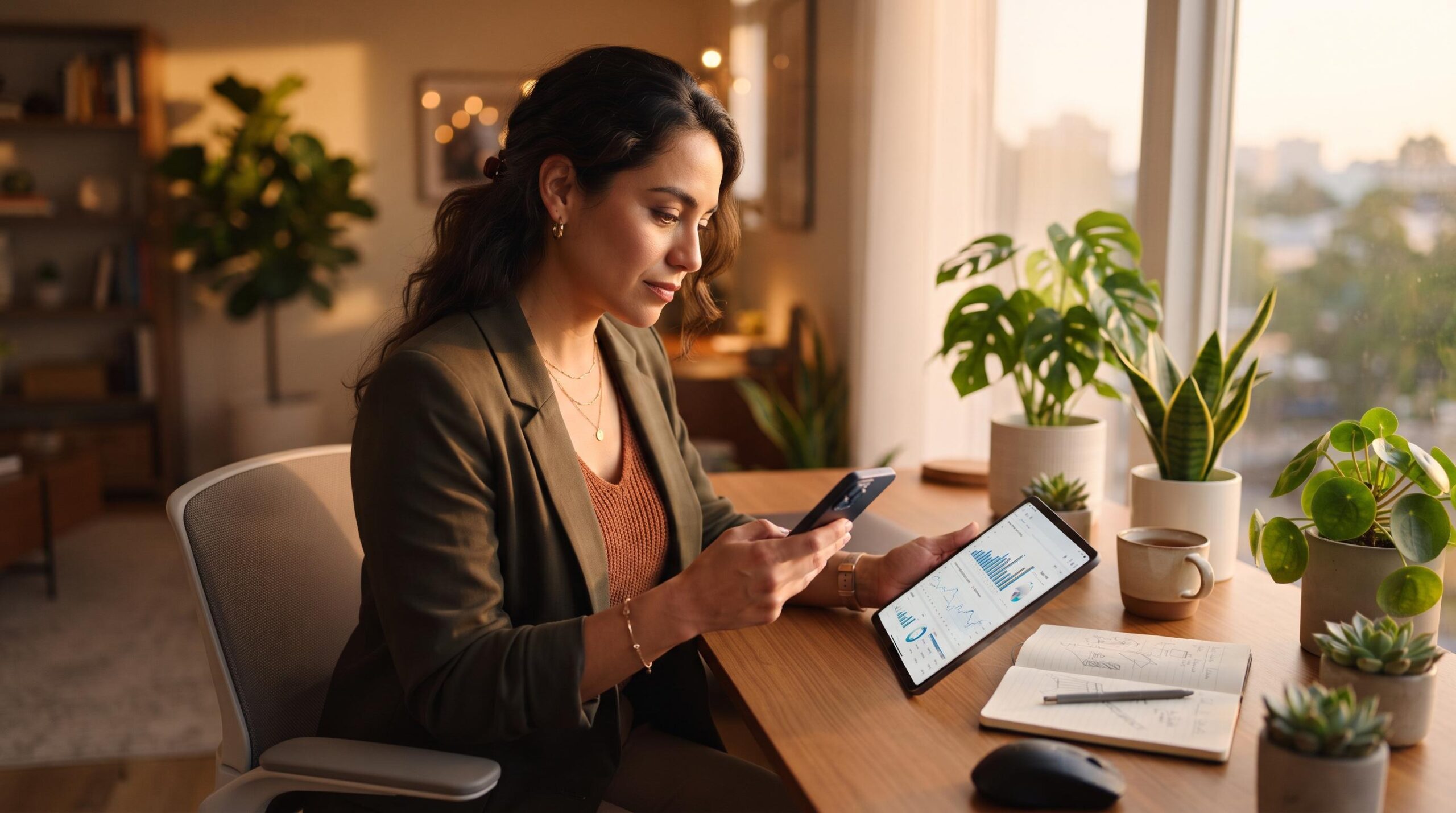 Mujer profesional analizando su historial financiero en una tablet mientras sostiene su teléfono móvil, en un escritorio moderno con plantas verdes