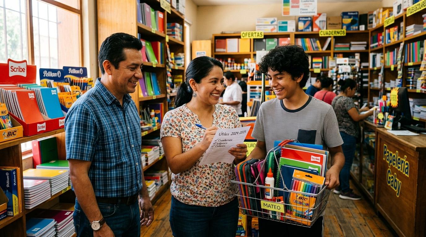 Familia mexicana sonriente en una papelería local, con una madre joven revisando una lista de útiles escolares 
