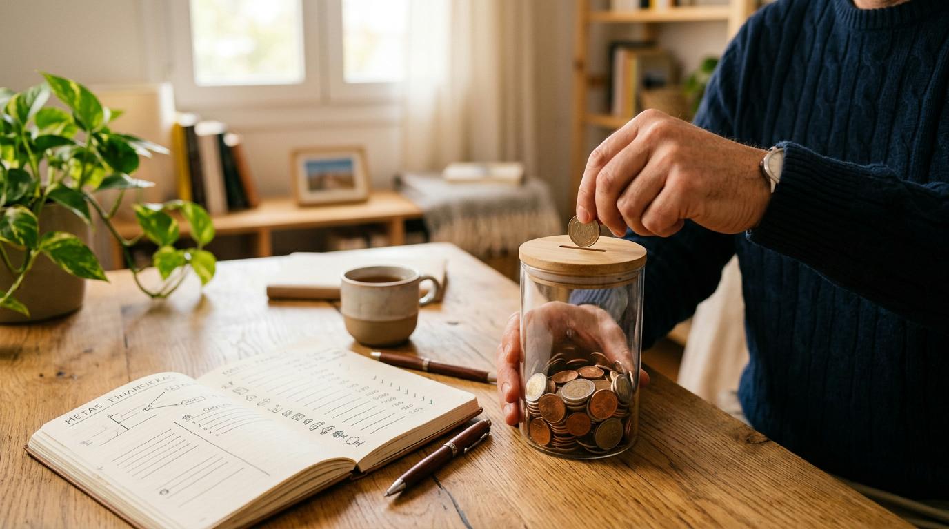 Manos depositando monedas en una alcancía transparente sobre un escritorio, con cuaderno de metas financieras abierto al lado