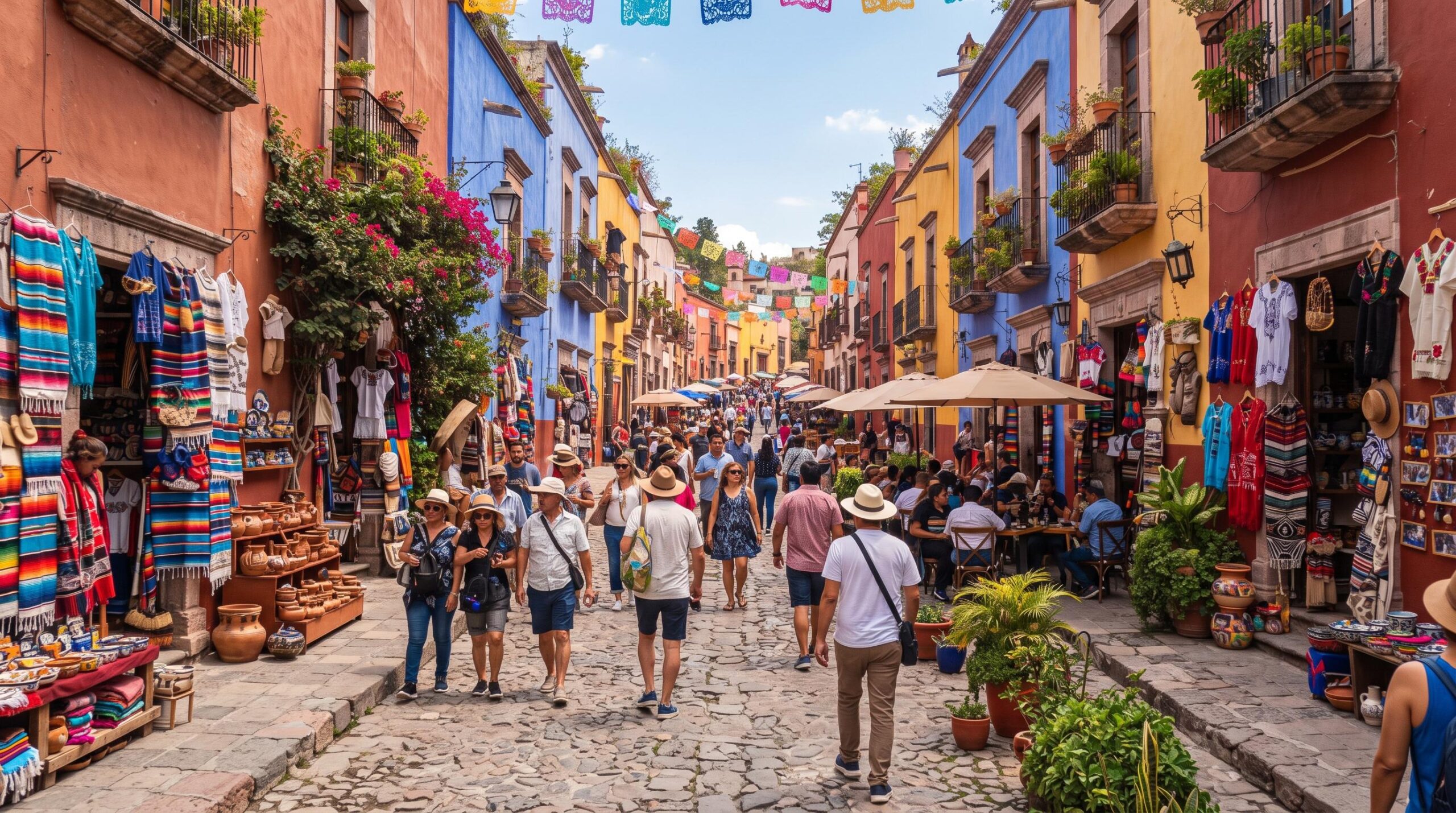 Calle típica de un destino turístico mexicano con comercios locales, donde se observan visitantes caminando y negocios con letreros coloridos