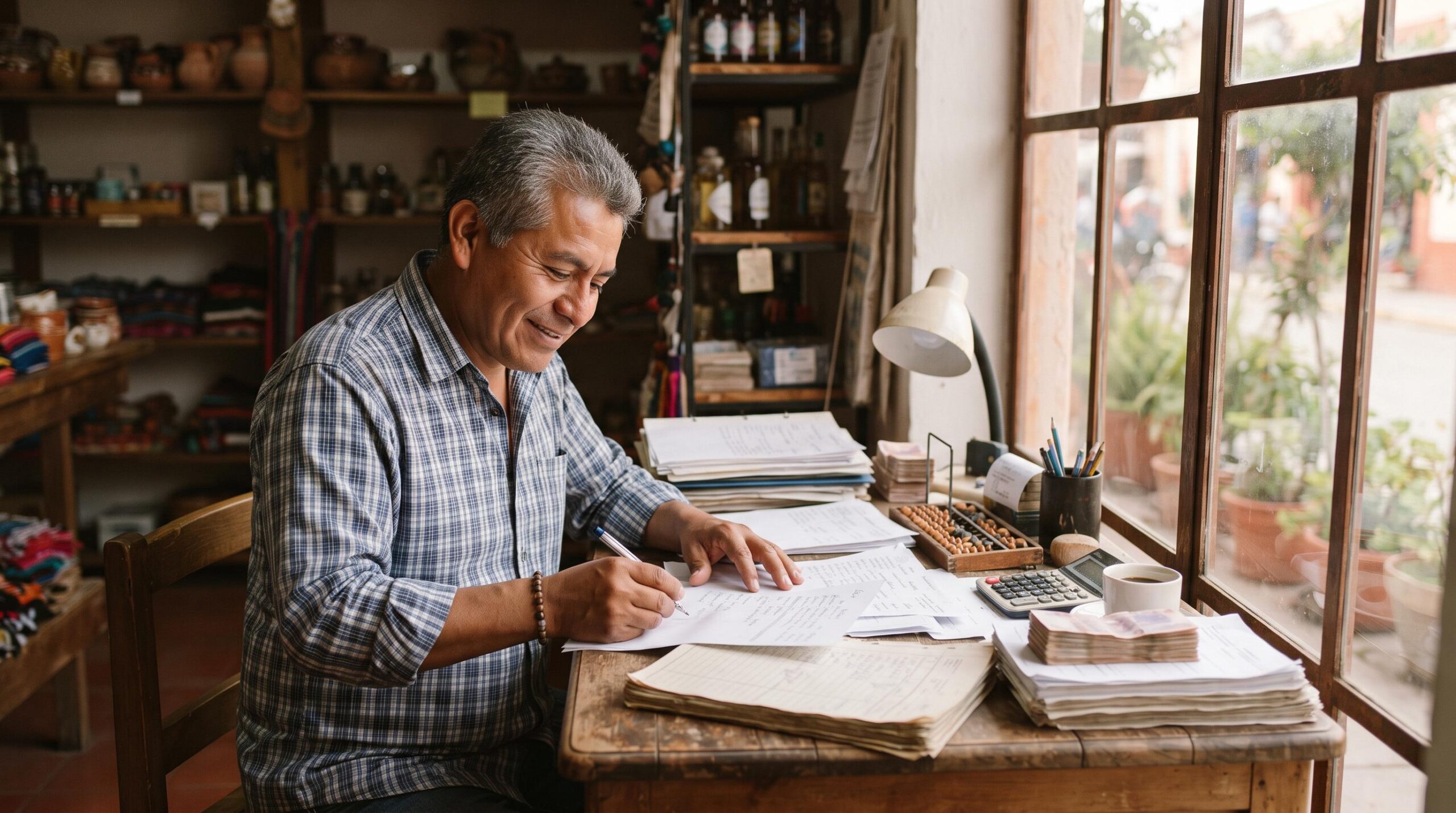 Persona emprendedora mexicana organizando un plan de finanzas sobre una mesa con notas, calculadora y gráficas impresas, con tonos cálidos y ambiente
