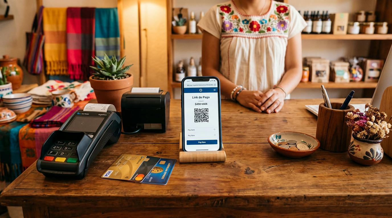Mostrador de un negocio mexicano con una terminal de cobro, tarjetas de crédito internacionales y un celular mostrando un link de pago