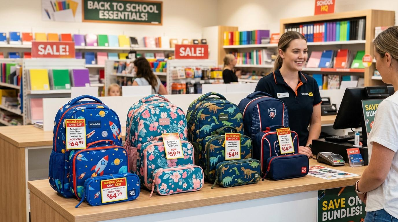 Mostrador de tienda con paquetes escolares estratégicamente armados, mostrando combos de mochila con lonchera y estuche coordinados
