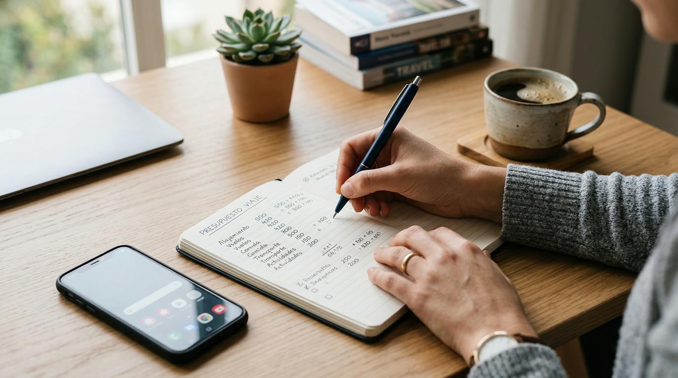 Persona escribiendo en un cuaderno de presupuesto junto a un teléfono y una taza de café sobre una mesa de madera