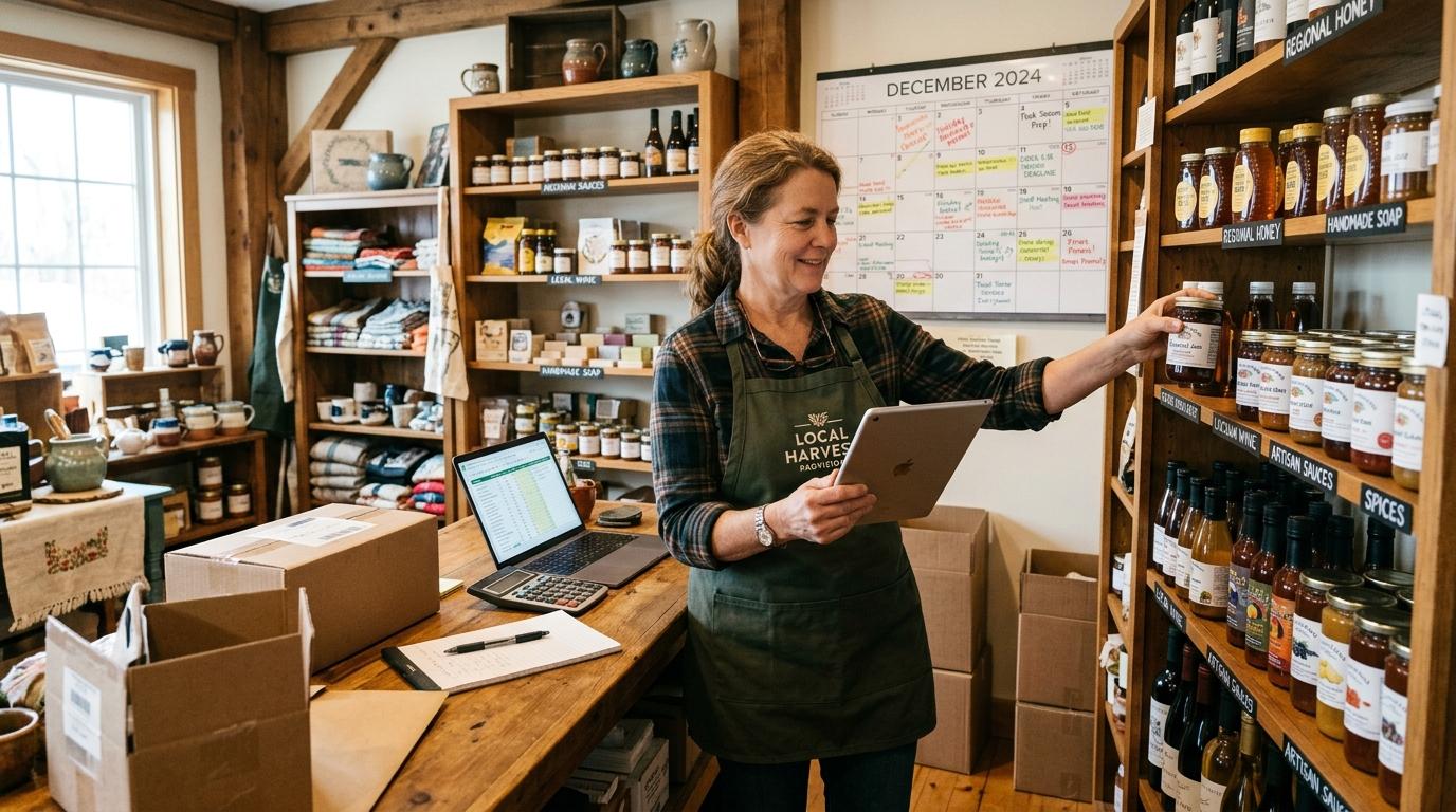 Propietario de tienda local organizando inventario y revisando una tablet mientras prepara estrategias para la temporada alta, con productos regionales