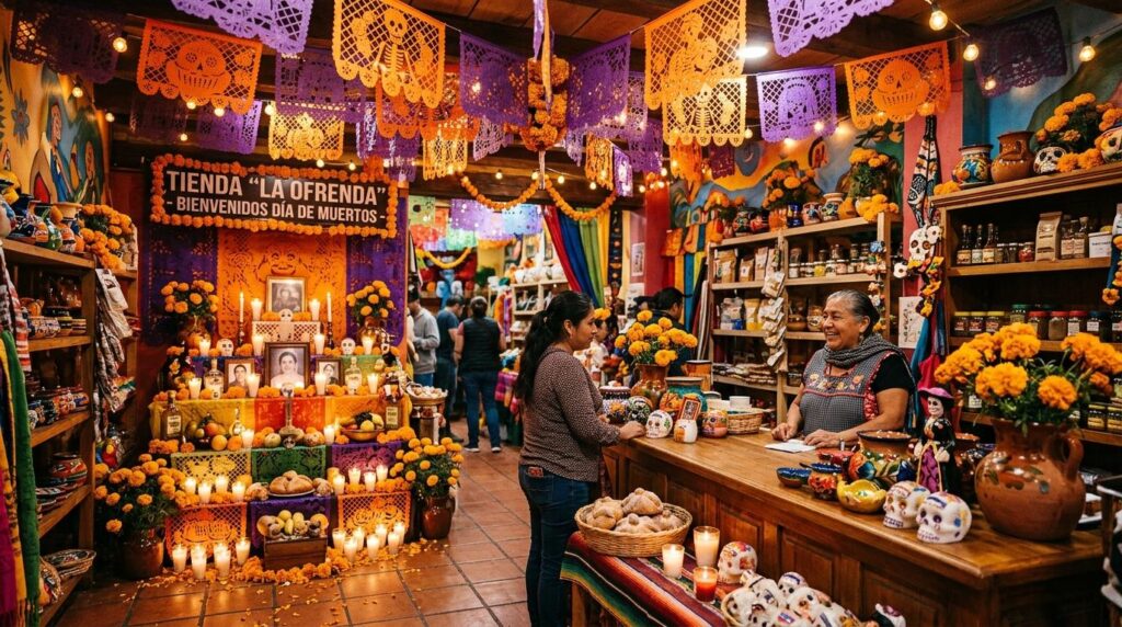 Una tienda pequeña mexicana completamente decorada para el Día de Muertos, con guirnaldas de papel picado en tonos naranja y morado colgando del techo