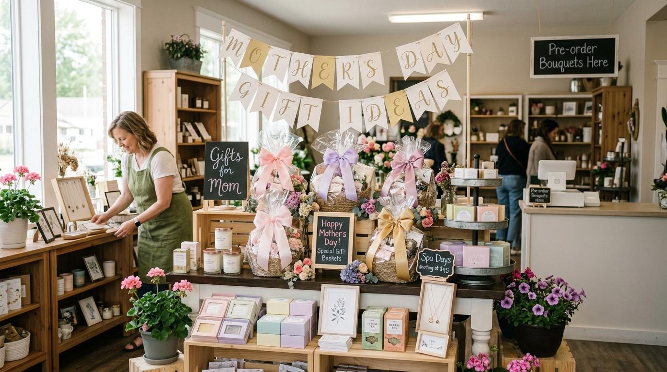 Un pequeño negocio local con exhibidores promocionales del Día de la Madre y productos organizados con lazos y flores
