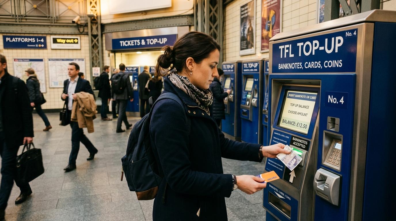 Máquina de recarga automática en una estación de transporte público, persona insertando billetes para cargar saldo en su tarjeta, iluminación cálida 