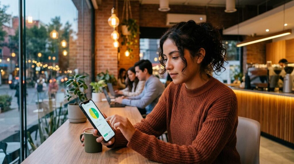 Persona joven usando su teléfono inteligente para revisar opciones de crédito digital en una cafetería contemporánea de la Ciudad de México