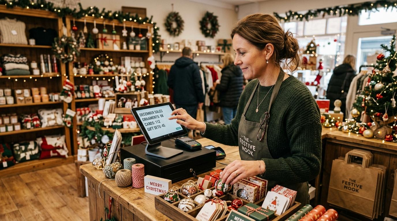 Un propietario de pequeño negocio organizando productos navideños en su local mientras observa su punto de venta, con decoraciones sutiles de fondo