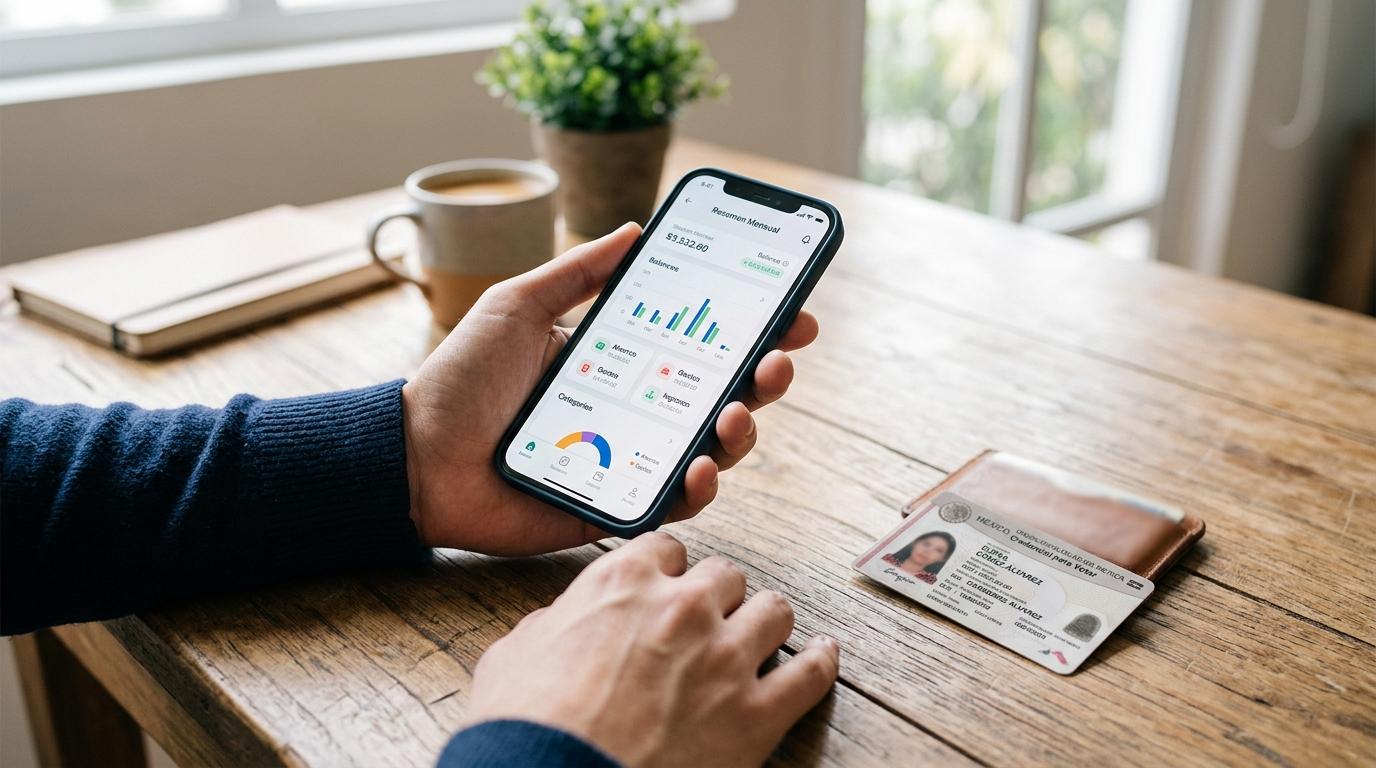 Manos sosteniendo un smartphone que muestra una aplicación de finanzas personales junto a una identificación oficial sobre una mesa de madera